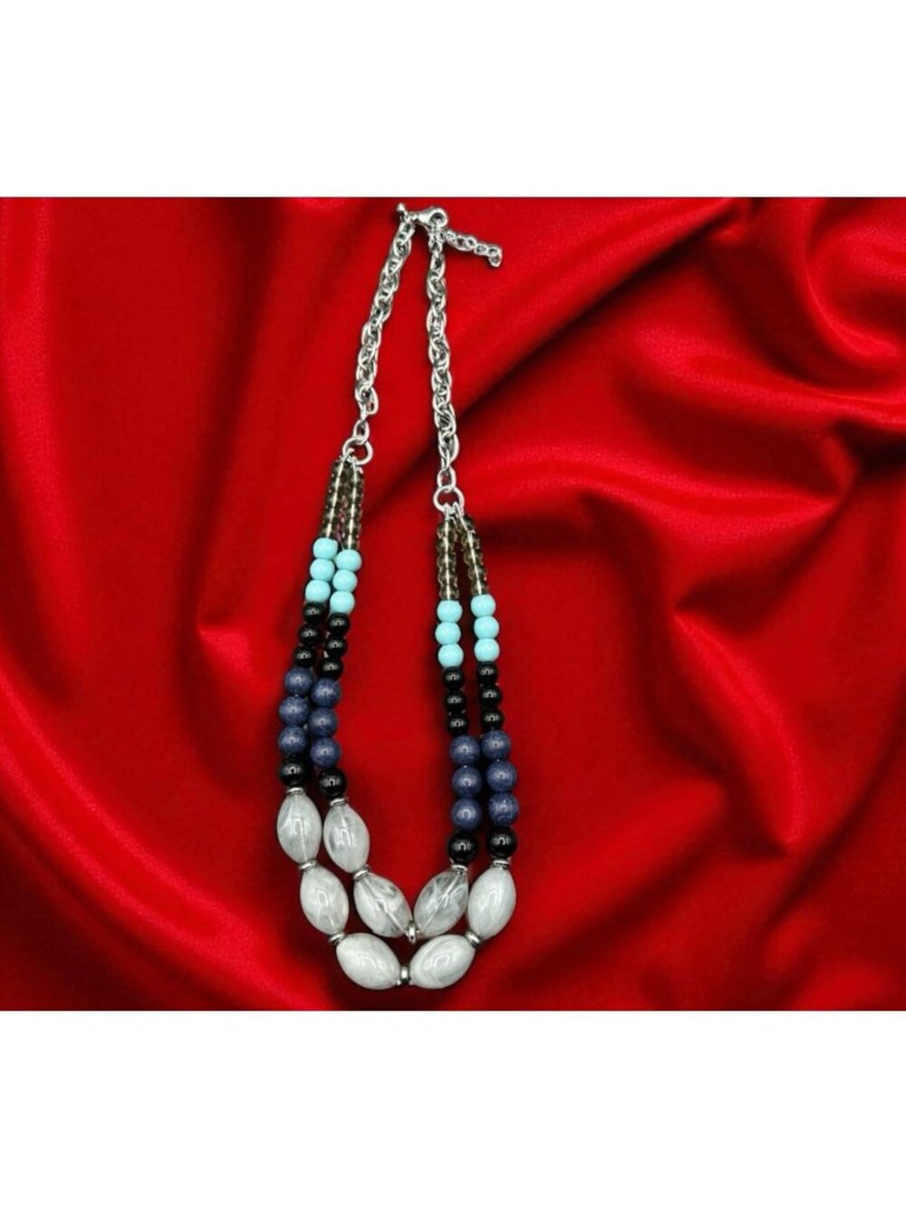 Chunky Statement Bib Necklace Blue Black Gray Double Strand Beaded 1990s